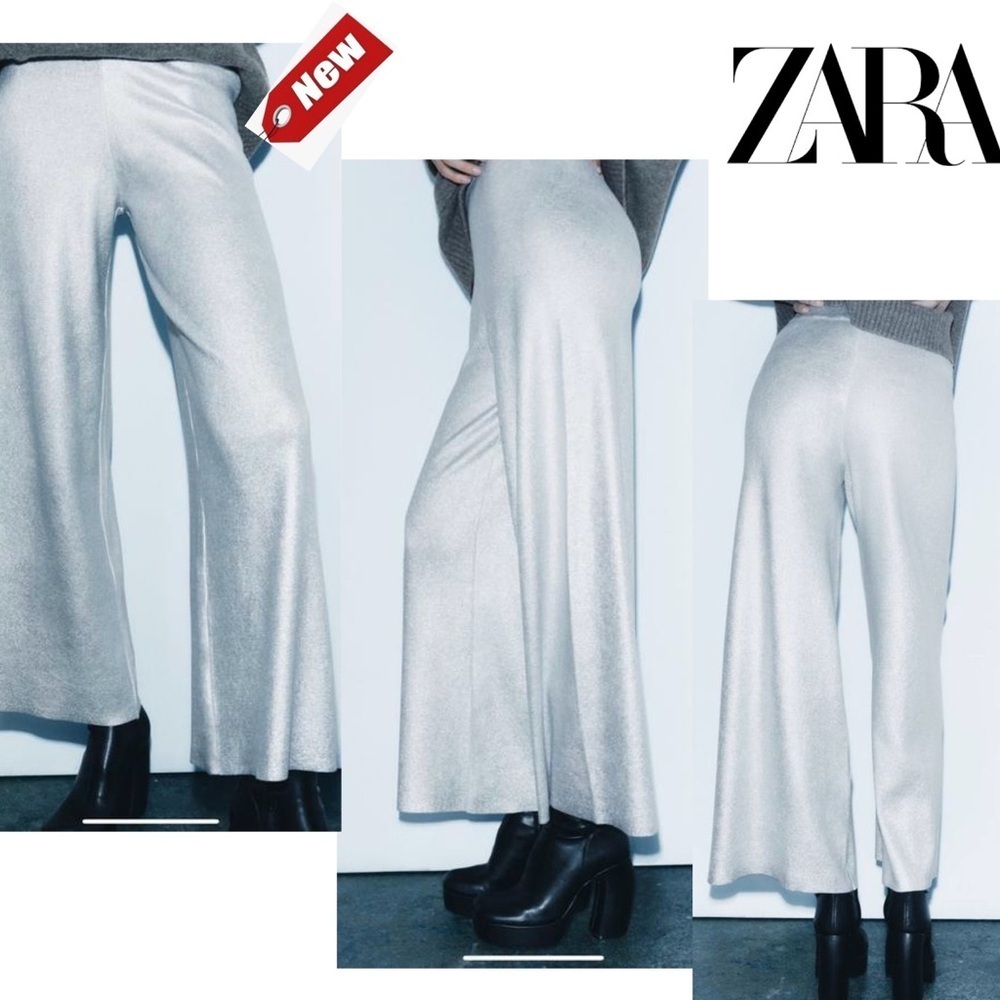 ZARA KNIT METALLIC FOIL SILVER WIDE LEG TROUSERS PANTS BNWT Sz M Bloggers Fave